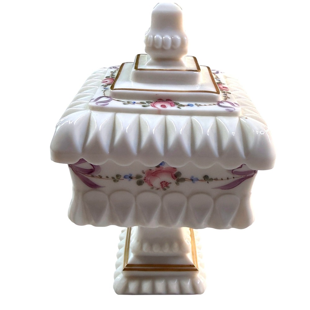 1970s Fenton Milk Glass Candy Dish Pedestal Rose Coquette Lid Grandmacore VTG